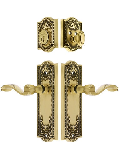 Grandeur Parthenon Entrance Door Set, Keyed Alike with Portofino Levers in Antique Brass.
